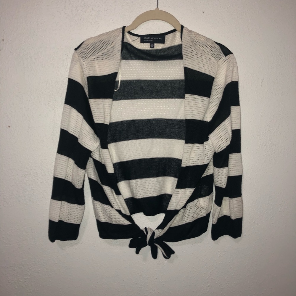 White and navy blue striped cardigan